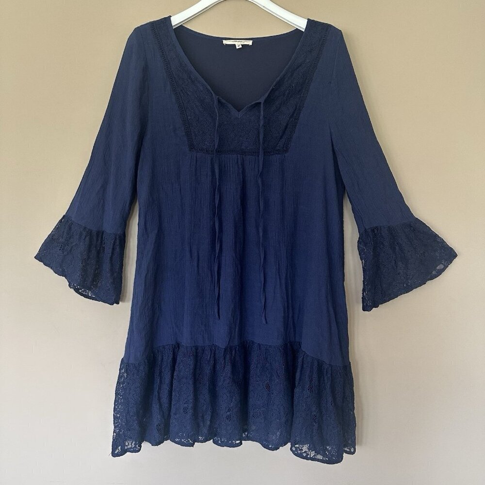 Women L Navy Blue Tiered Cottagecore Dress Lace Bell Sleeve Boho Hippie Fall